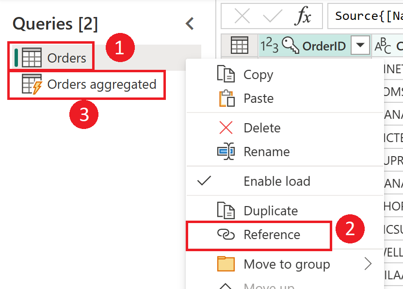 Screenshot che mostra una query Orders con l'opzione di riferimento usata per creare una nuova query denominata Orders aggregated.