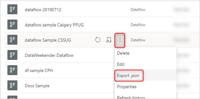 Screenshot di un elenco di flussi di dati che mostra come esportare il file model.json da un flusso di dati.