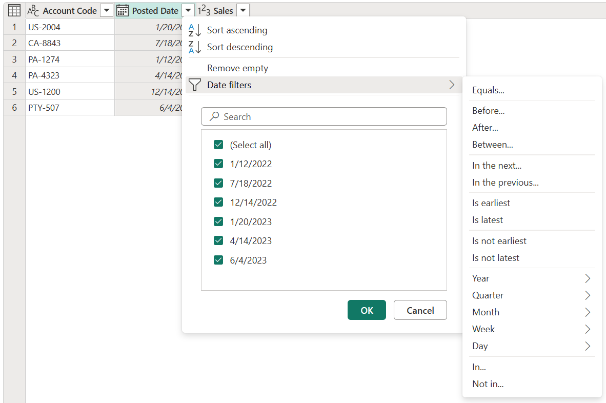 Screenshot delle voci di menu che contengono comandi e filtri specifici per le colonne contenenti dati di tipo Data.