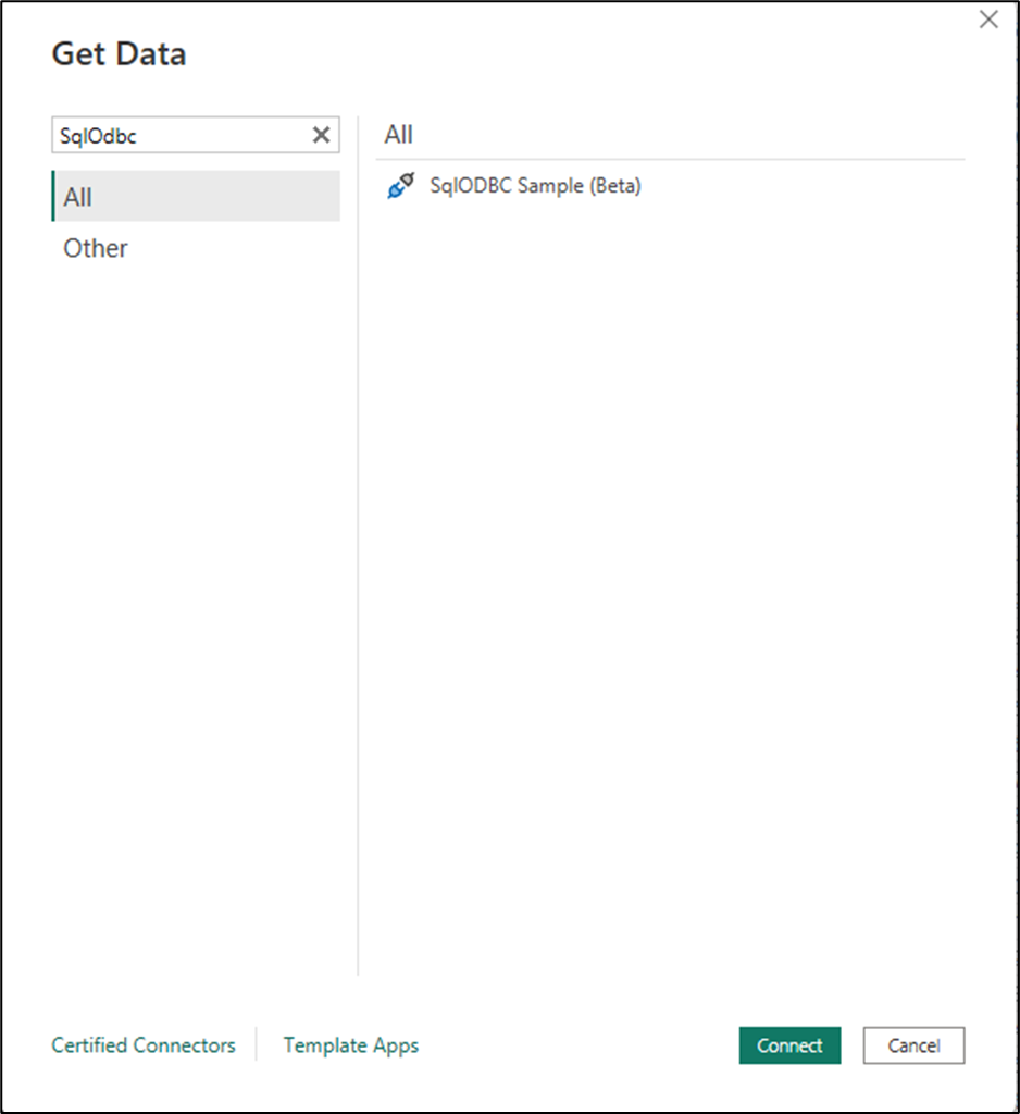 Schermata del connettore disponibile all'interno dell'esperienza di ottenere dati di Power BI Desktop.