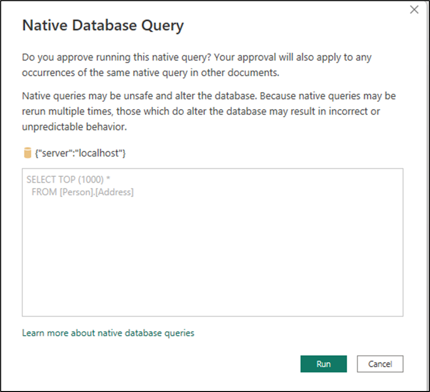 Screenshot che mostra come approvare una finestra di dialogo per una query nativa del database.