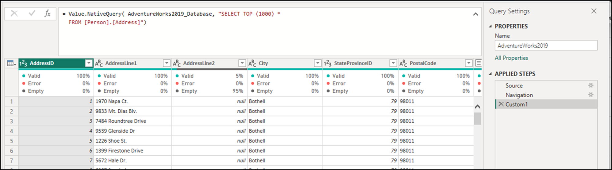 Screenshot della query nativa eseguita durante lo sviluppo e il test iniziale del connettore.
