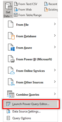 Avvia l'editor di Power Query in Excel dal menu a discesa Ottieni dati.