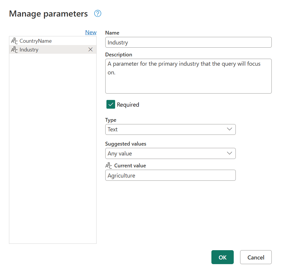 Screenshot che mostra come creare un parametro dalla finestra Gestisci parametri.