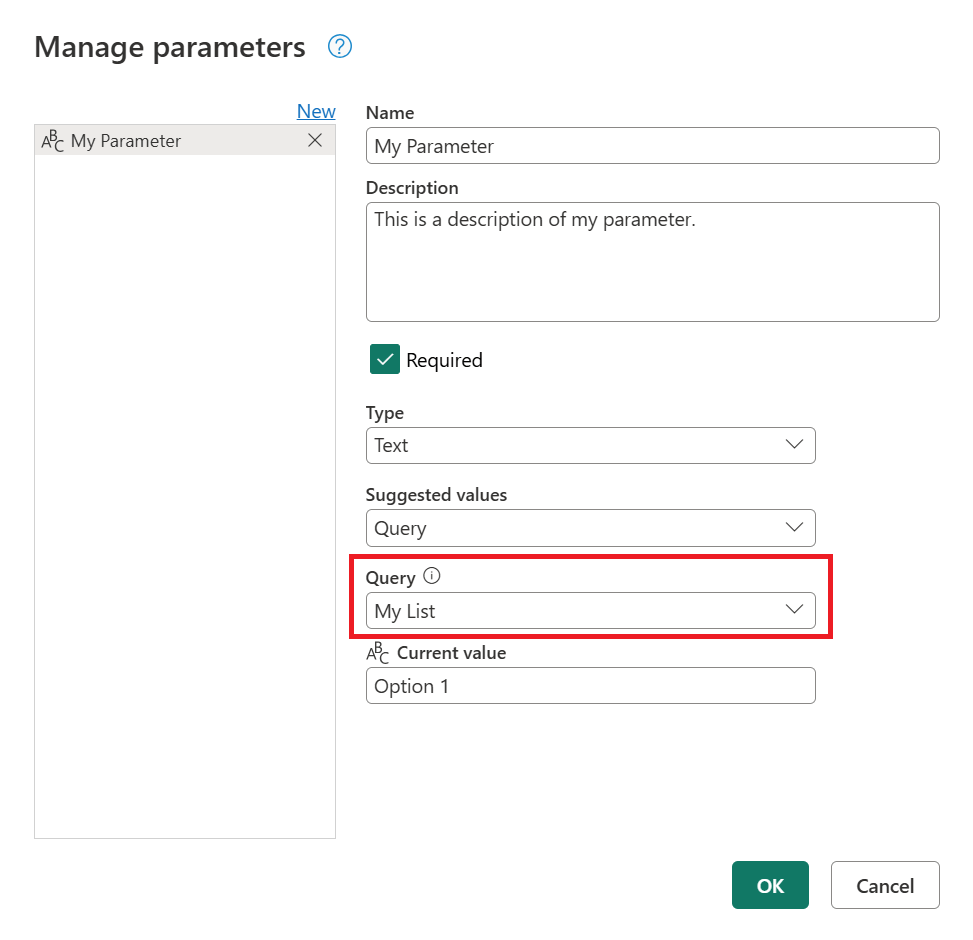 Screenshot di Gestisci parametri con una query di elenco evidenziata.