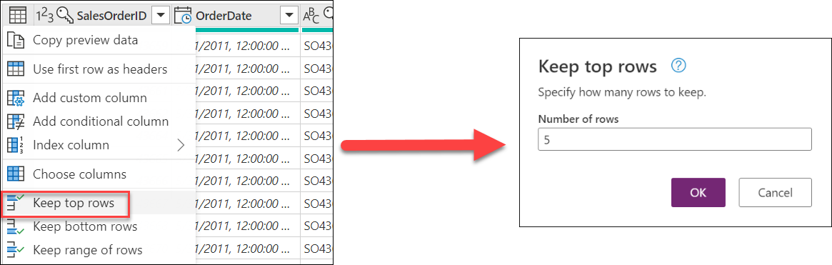 Screenshot che illustra come usare il menu di scelta rapida della tabella per selezionare la trasformazione Mantieni le righe superiori per conservare solo le prime cinque righe.