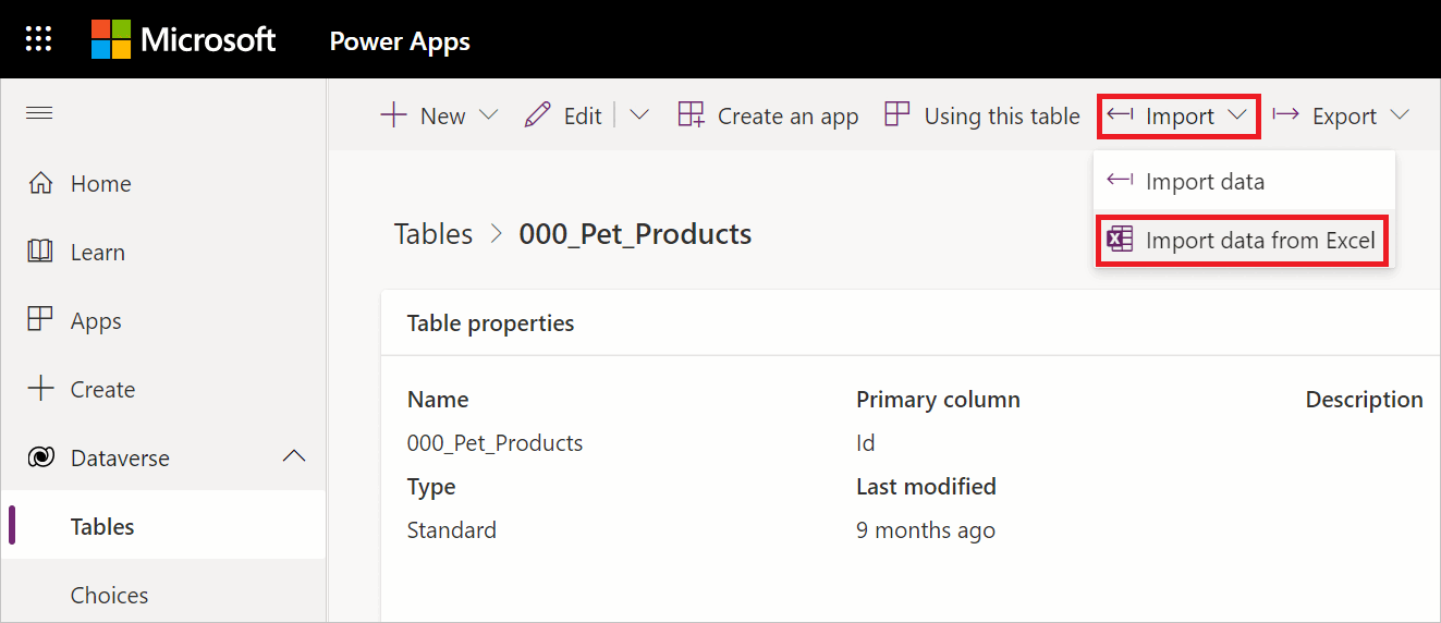 Immagine con tabelle di Dataverse aperte e singole tabelle aperte in un riquadro, il menu di scelta rapida di importazione aperto, con l'opzione Importa dati da Excel evidenziata.