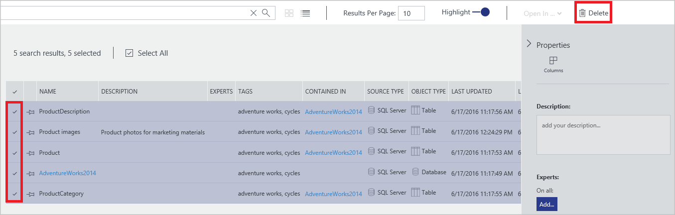 Azure Data Catalog--eliminare più asset di dati