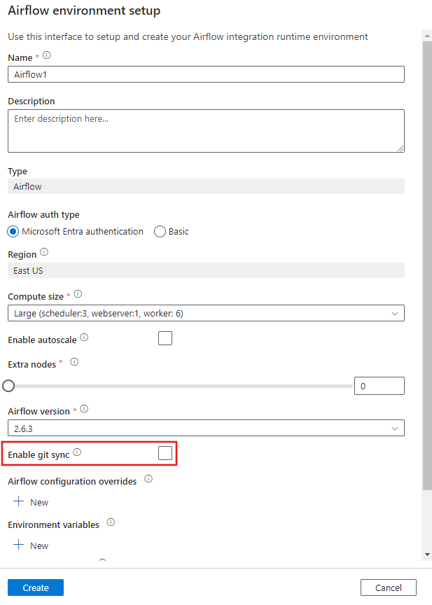 Schermata che mostra la casella di controllo Abilita sincronizzazione Git nella finestra di dialogo di configurazione dell'ambiente Airflow visualizzata durante la creazione di un runtime di integrazione Airflow.