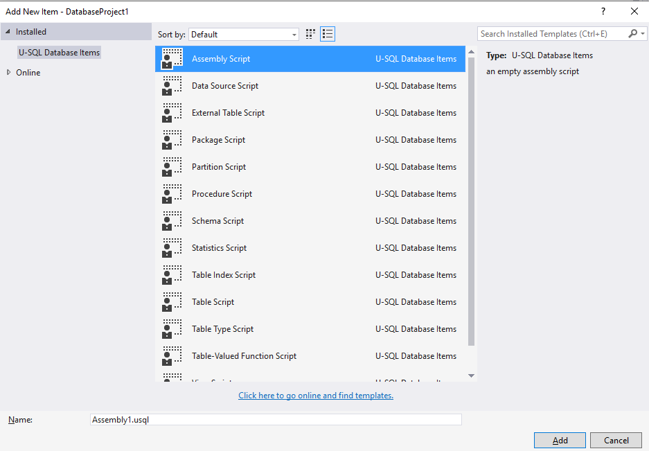 Strumenti Data Lake per Visual Studio- Aggiungere script di assembly