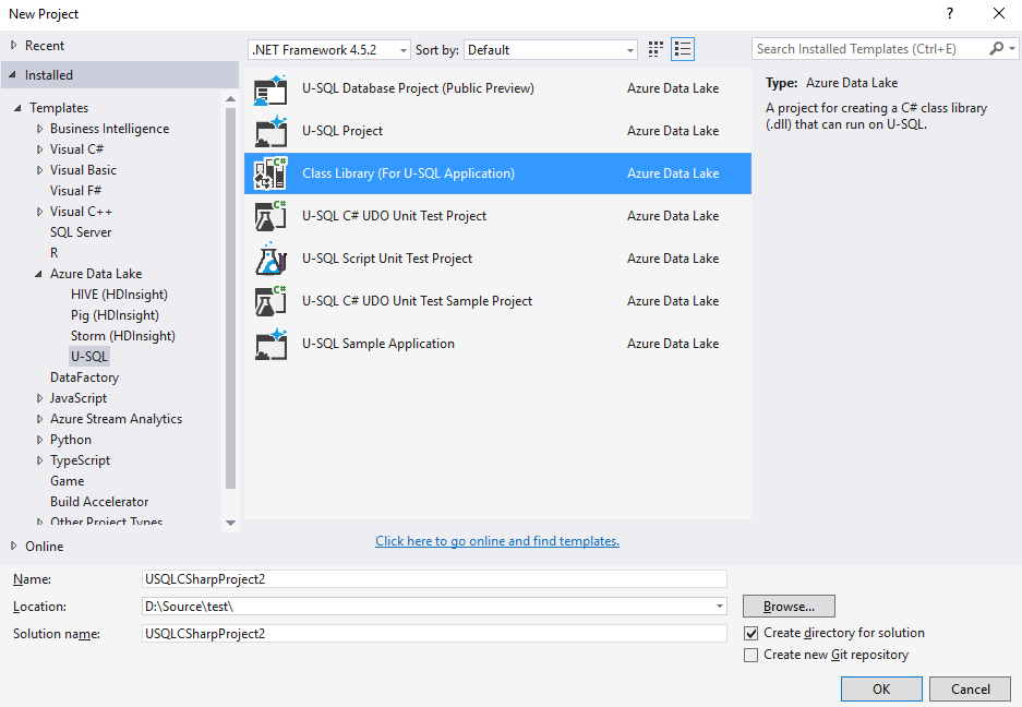 Strumenti Data Lake per Visual Studio--Creare un progetto di libreria di classi C#