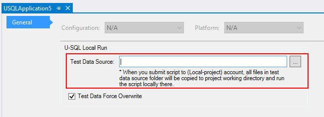 Strumenti Data Lake per Visual Studio: configurare l'origine dati di test del progetto