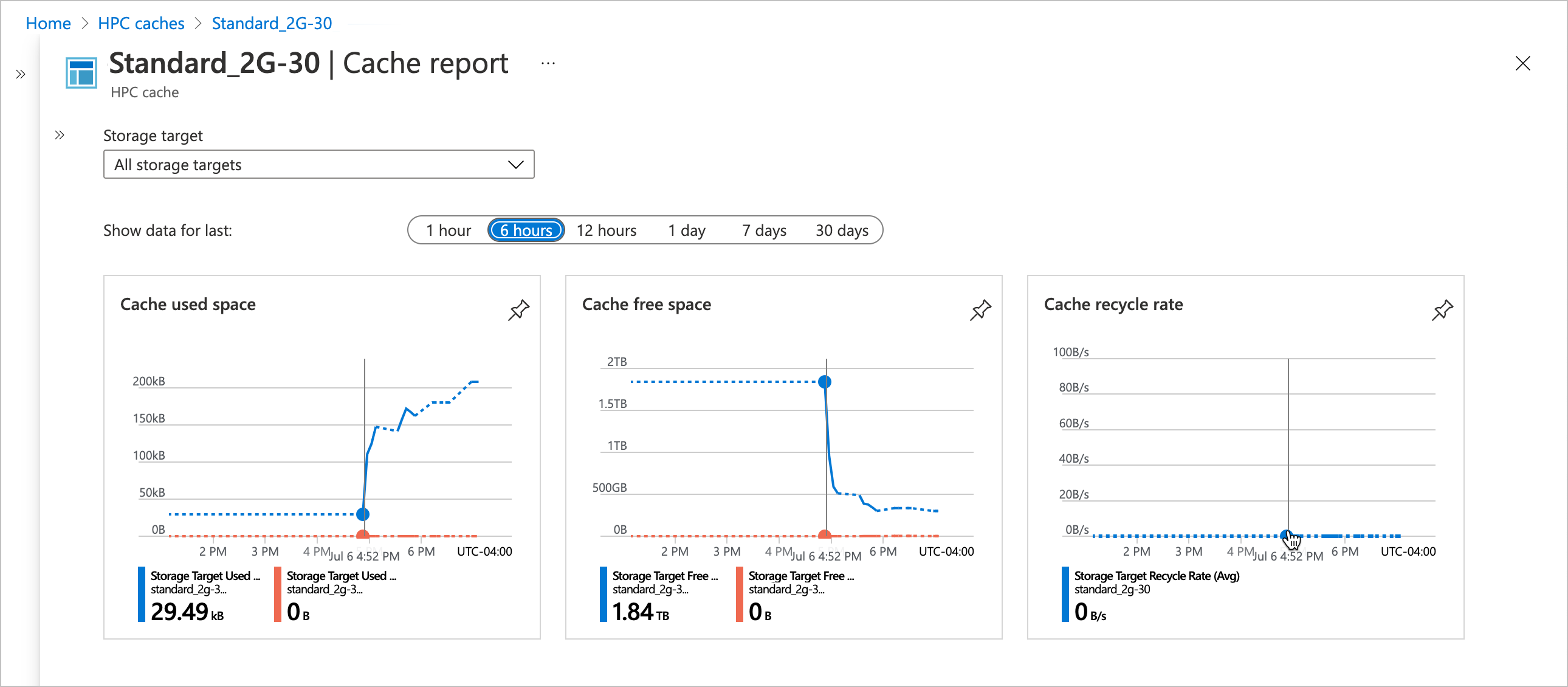 screenshot della pagina del report della cache.
