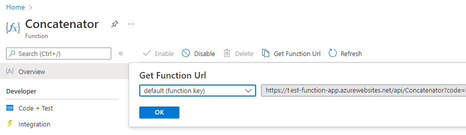Screenshot del comando Recupera URL Funzione nel portale di Azure.