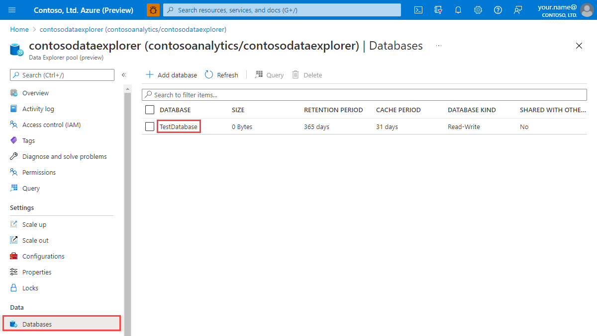 Screenshot del pool di database di test, che mostra il database di test selezionato.