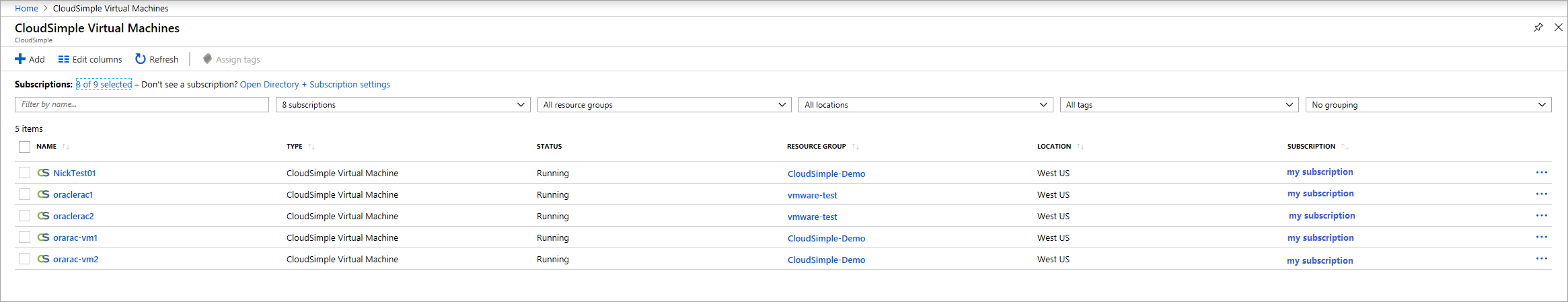 elenco di macchine virtuali CloudSimple