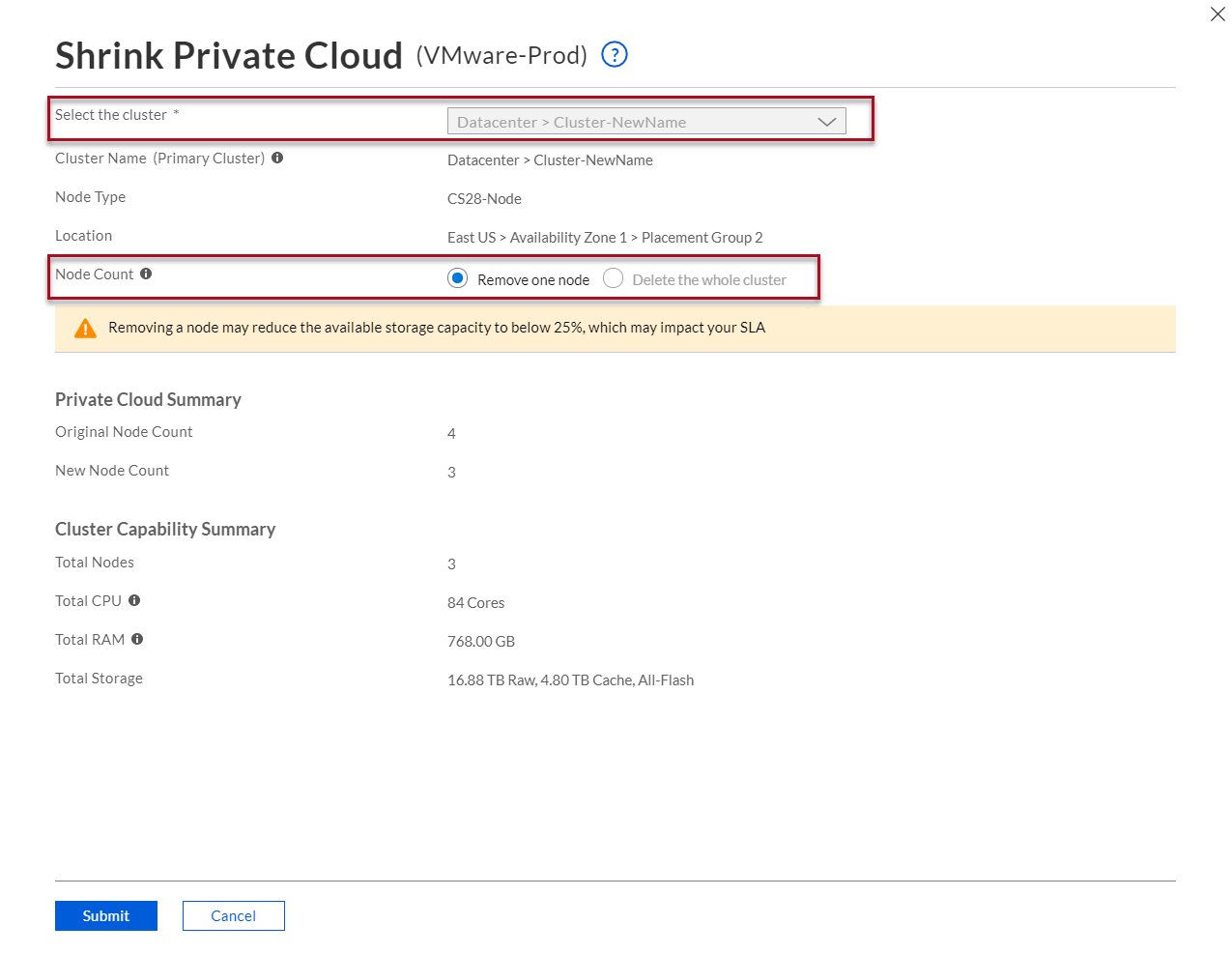 Ridurre il cloud privato: selezionare il cluster