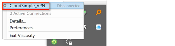 Screenshot che mostra lo stato di connettività VPN di CloudSimple.