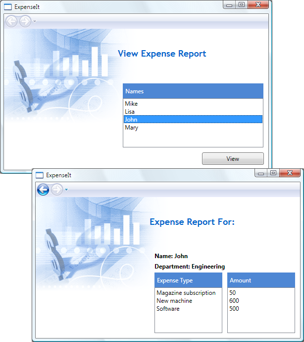 Schermate dell'esempio ExpenseIt