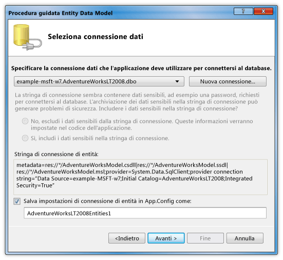 Fornire la connessione al database