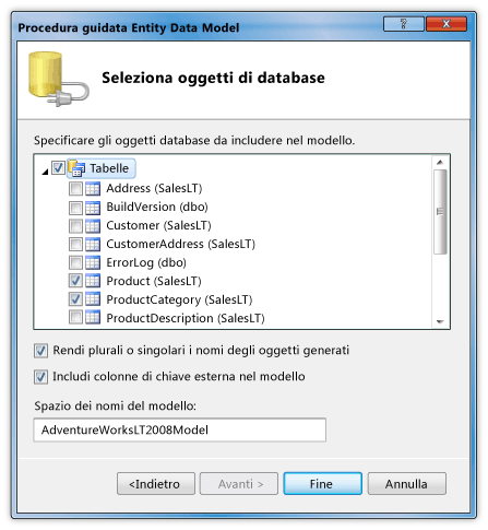 Selezionare Product e ProductCategory dalle tabelle