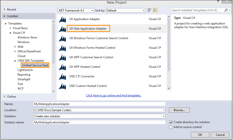 Schermata di Web Adapter in Visual Studio