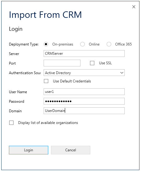 Screenshot di importazione dalla finestra di dialogo di CRM