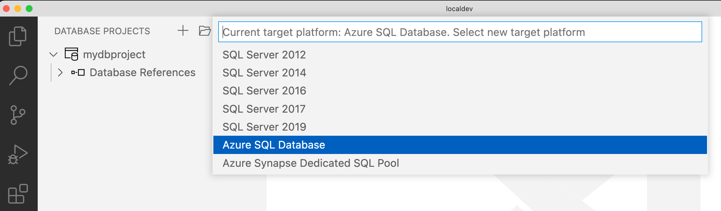 Screenshot della selezione di database SQL di Azure come destinazione per un progetto di database.
