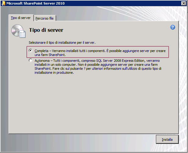 Finestra di dialogo Tipo di server del programma di installazione di SharePoint