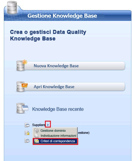 Menu Criteri di corrispondenza nella pagina principale