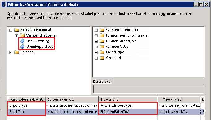 Editor trasformazione Colonna derivata