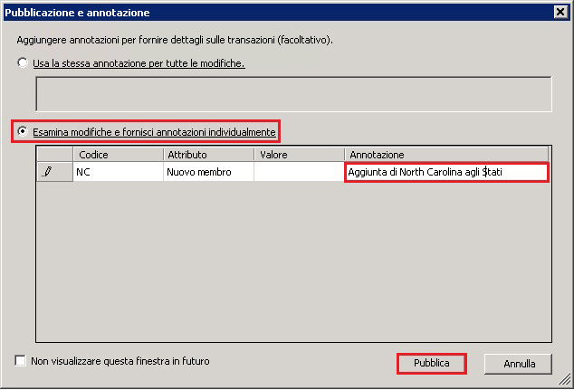 Excel - Finestra di dialogo Pubblicazione e annotazione