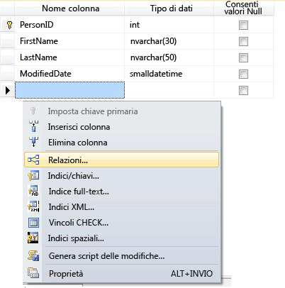 Aggiunta di chiavi esterne o indici a una tabella.