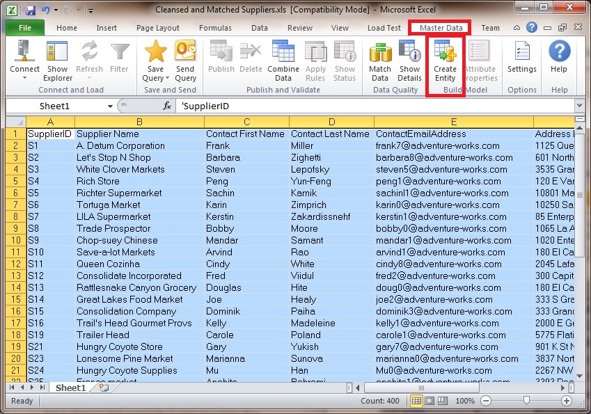 Scheda Dati master di Excel - Pulsante Crea entità