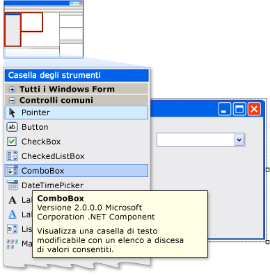 Casella degli strumenti e finestra di progettazione di Windows Form
