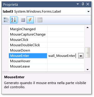 Finestra Proprietà con evento MouseEnter visualizzato
