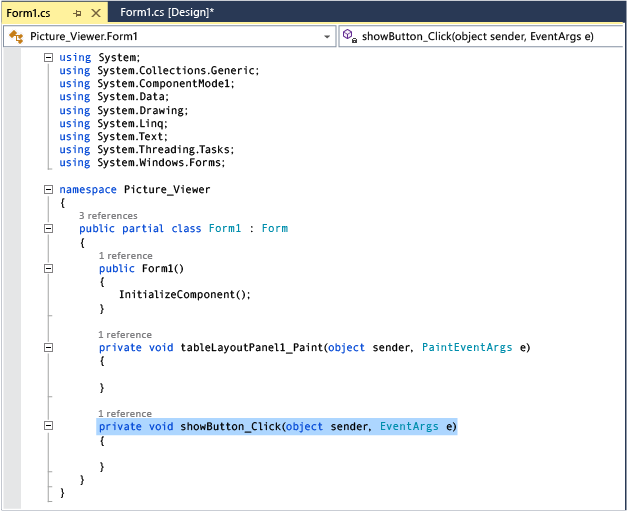 Scheda Form1.cs con codice Visual C#