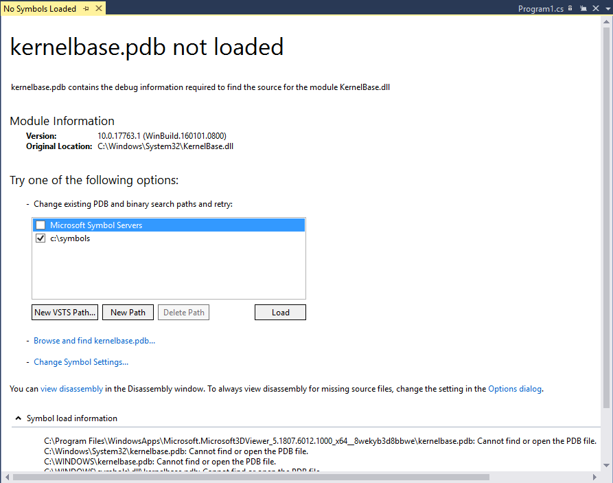 DBG_NoSymbolsLoaded Screenshot of the No Symbols Loaded page.