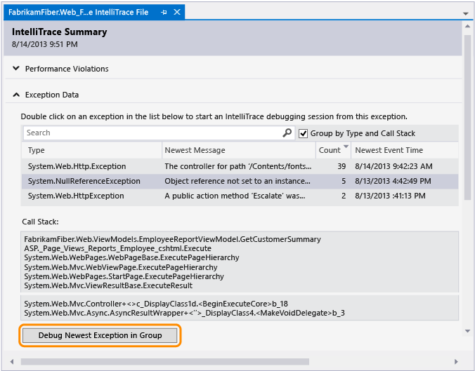 FFR_ITSummaryPageException Start debugging from exception event