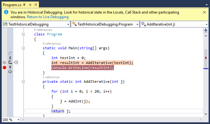 HistoricalDebuggingBack code window in historical debugging mode