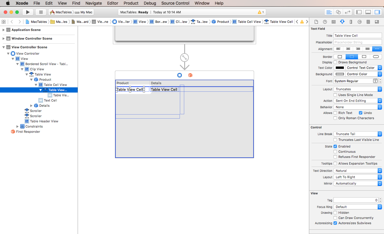 Screenshot che mostra le proprietà disponibili per una cella di visualizzazione tabella in Controllo attributi.