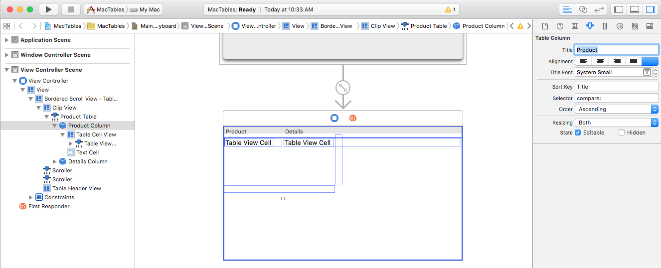 Screenshot che mostra Interface Builder in cui è possibile impostare la chiave di ordinamento per la colonna Product.