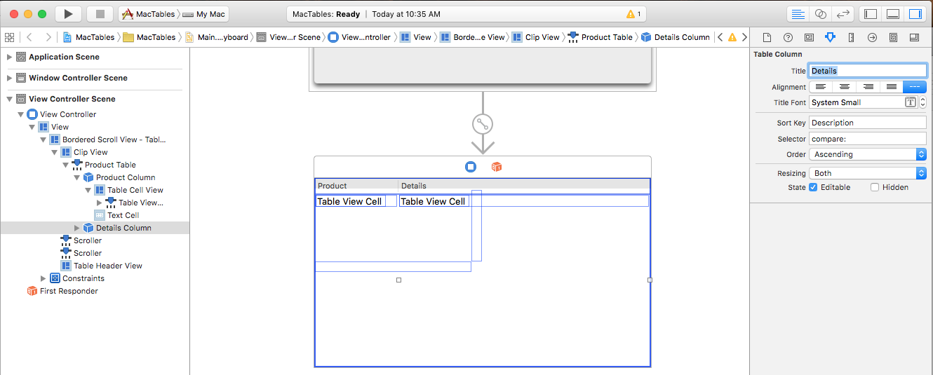 Screenshot che mostra Interface Builder in cui è possibile impostare la chiave di ordinamento per la colonna Dettagli.