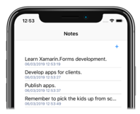 App Xamarin.iOS con un'interfaccia utente XAML Screenshot che mostra una schermata Note in un dispositivo mobile.
