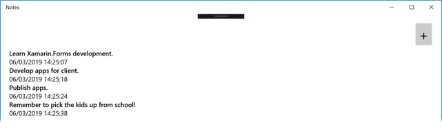 App UWP con un'interfaccia Xamarin.Forms utente XAML Screenshot che mostra una pagina Note con note e data/ora.