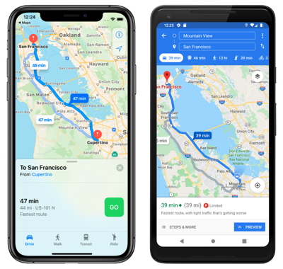 Indicazioni dell'app per le mappe native Screenshot del percorso dell'app per le mappe native in iOS e Android
