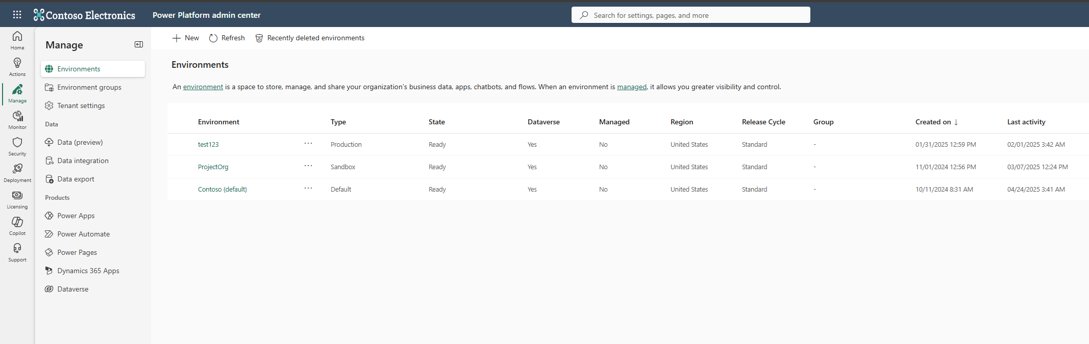 Screenshot dell'istanza di Dataverse.