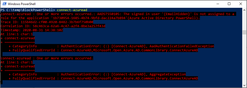 Errore di PowerShell per l'autenticazione di Azure AD v2.
