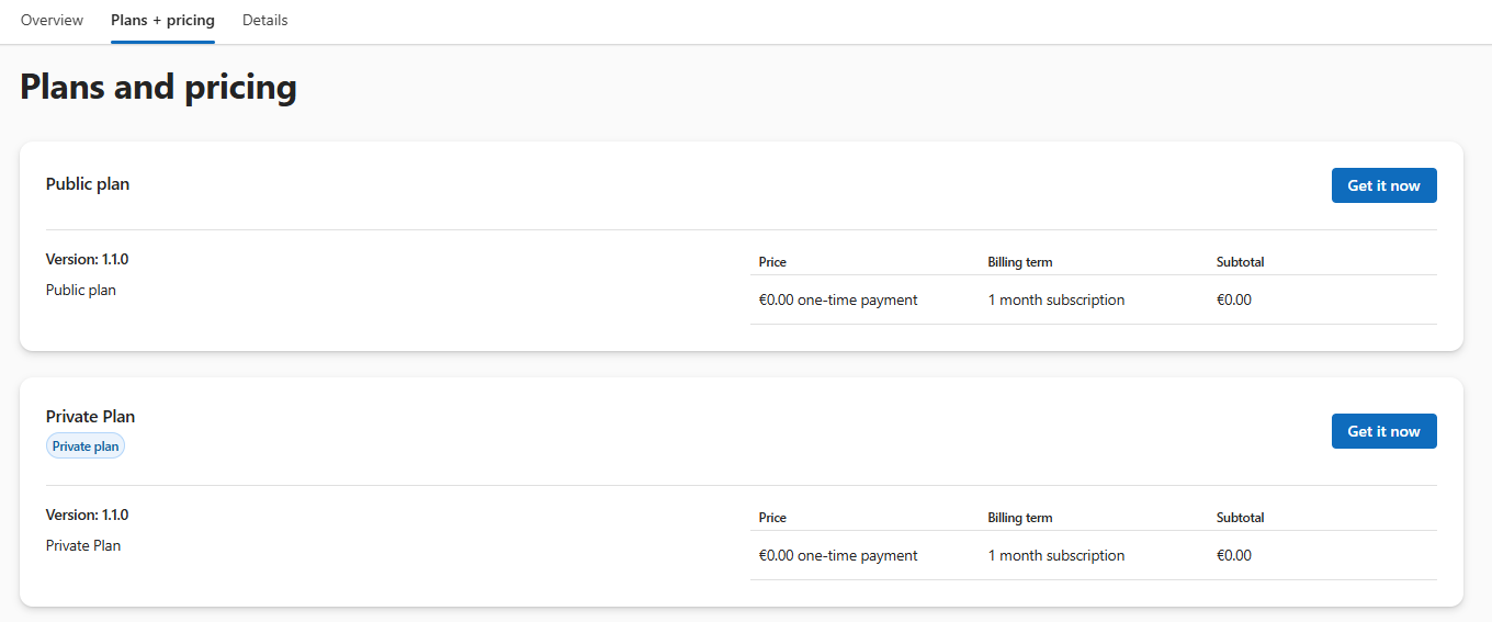 Screenshot of the Plans and pricing pane. Here, the Private plan appears at no charge. You can select the Get it now button if you're ready.