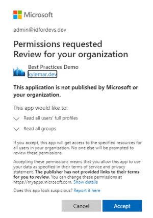 Autorizzazioni richieste Revisione per la finestra di dialogo dell'organizzazione che descrive le autorizzazioni richieste dall'app con i pulsanti Annulla e Accetta.